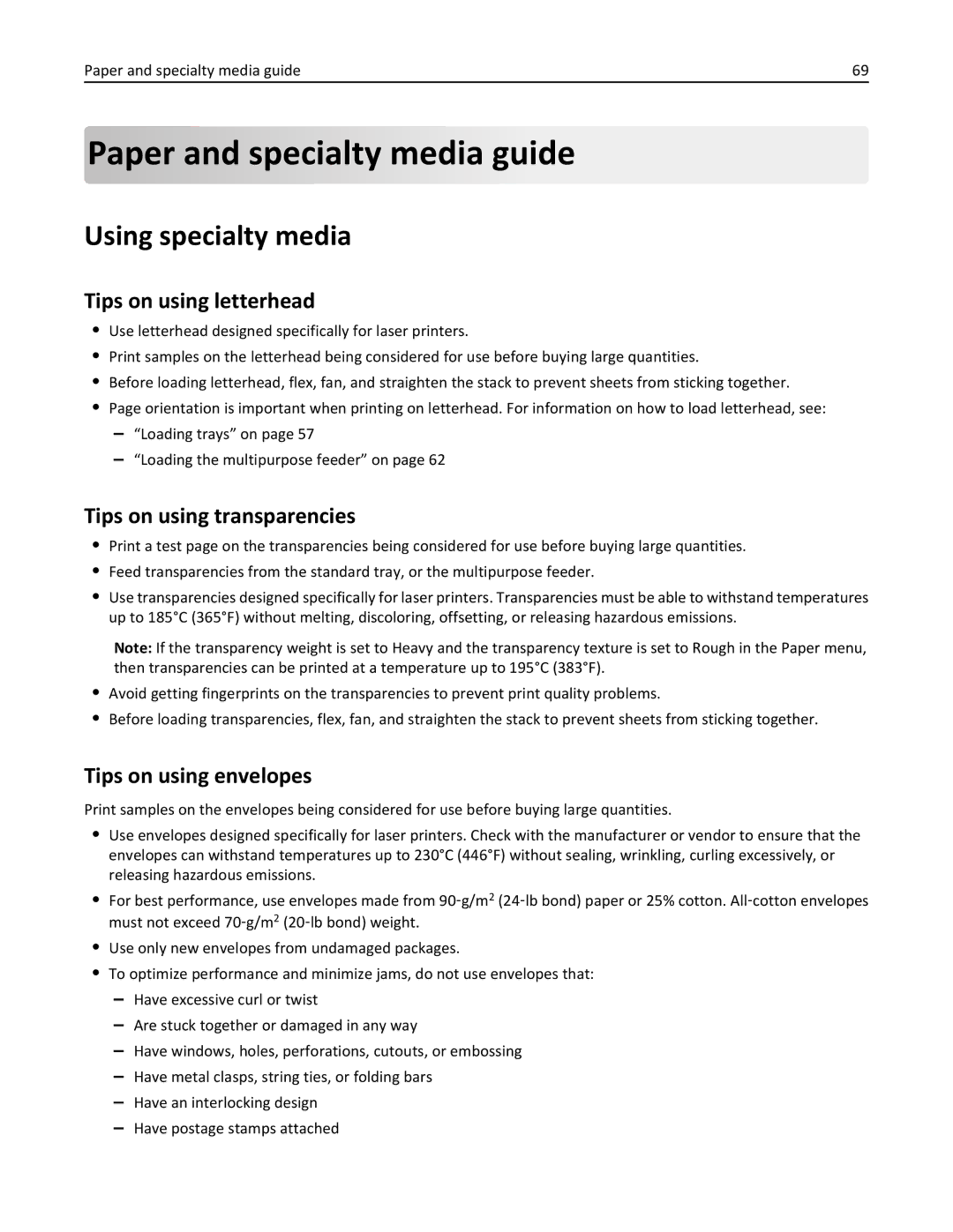 Lexmark 35S5704 Paper and specialty media guide, Using specialty media, Tips on using letterhead, Tips on using envelopes 