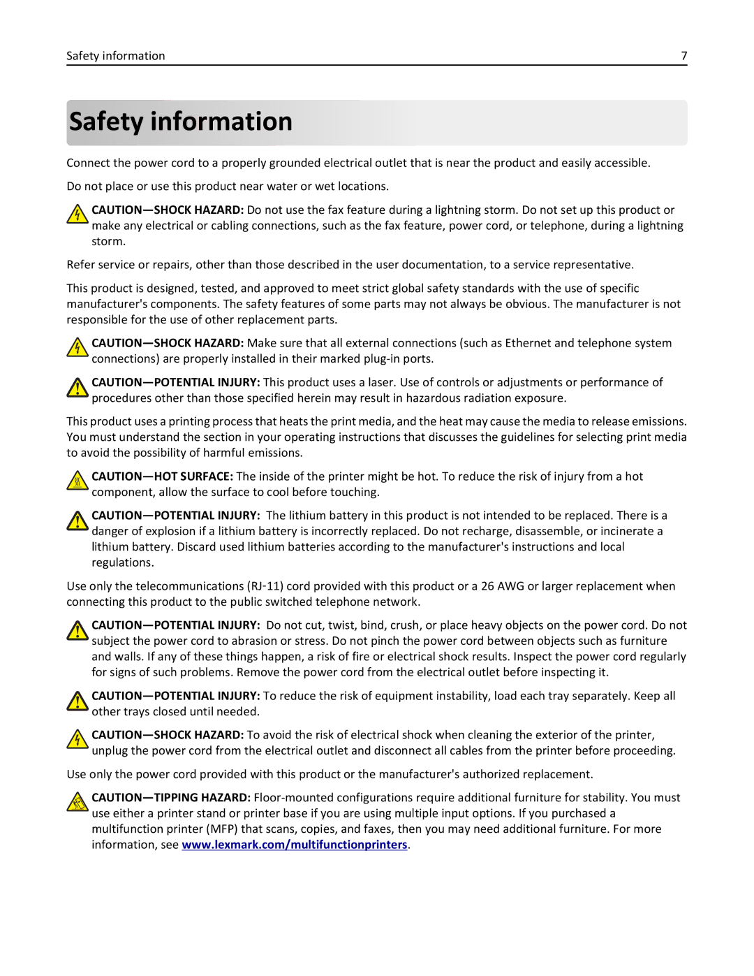 Lexmark MX511DE, 35S5703, 35S5704, MX511DHE manual Safety information 