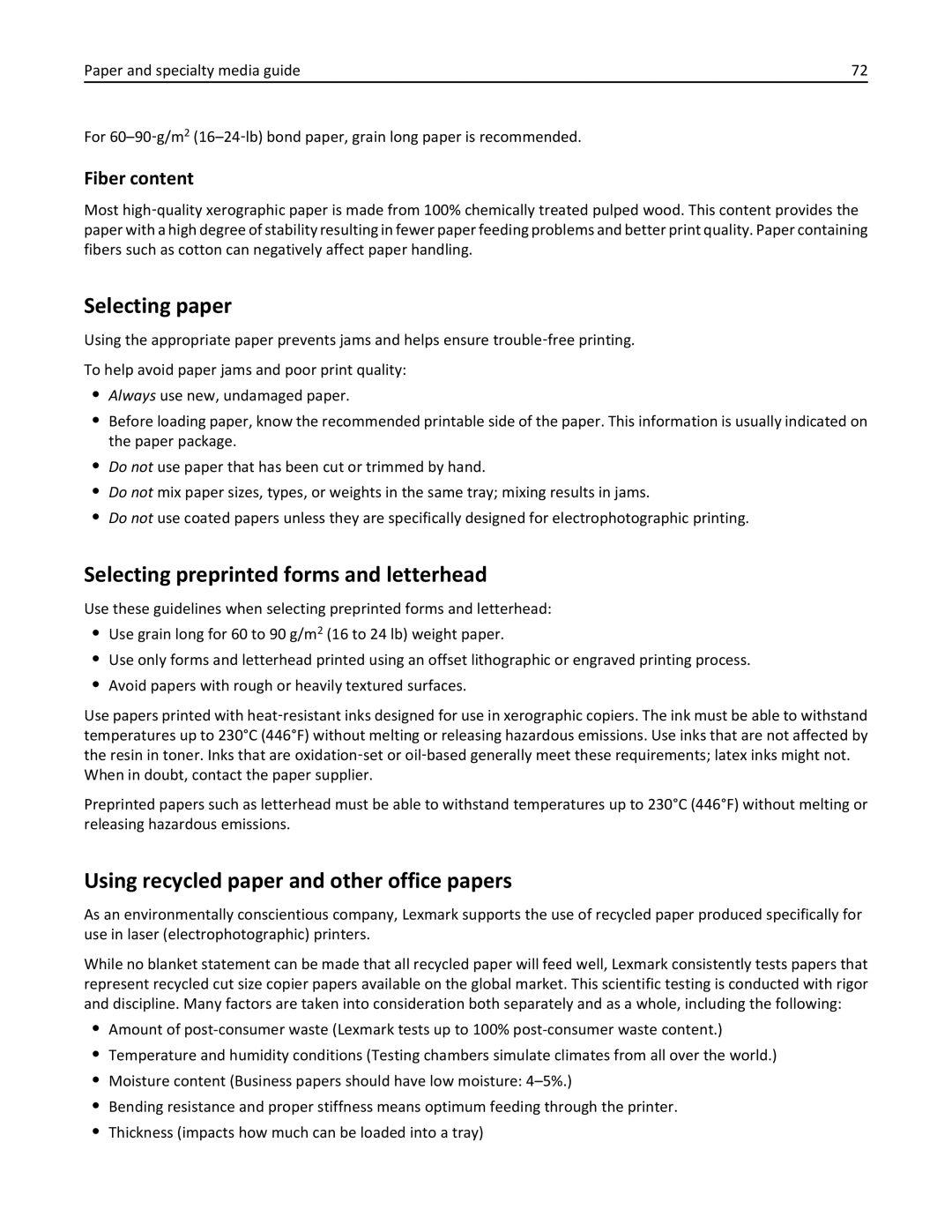 Lexmark 35S5703 Selecting paper, Selecting preprinted forms and letterhead, Using recycled paper and other office papers 