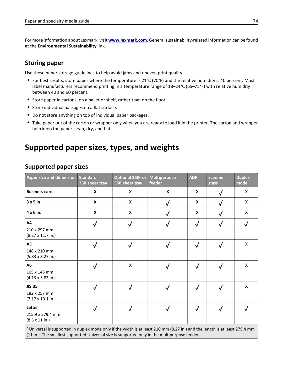 Lexmark MX511DHE, 35S5703, 35S5704, MX511DE manual Supported paper sizes, types, and weights, Storing paper 