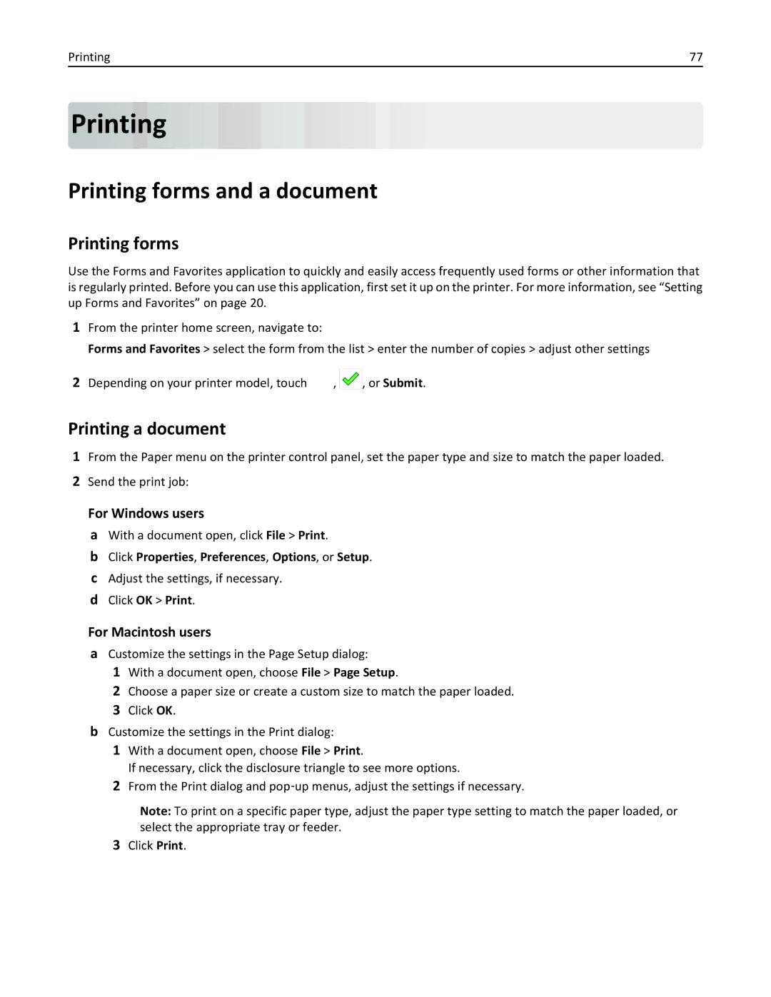 Lexmark 35S5704, 35S5703, MX511DHE, MX511DE manual Printing forms and a document, Printing a document 