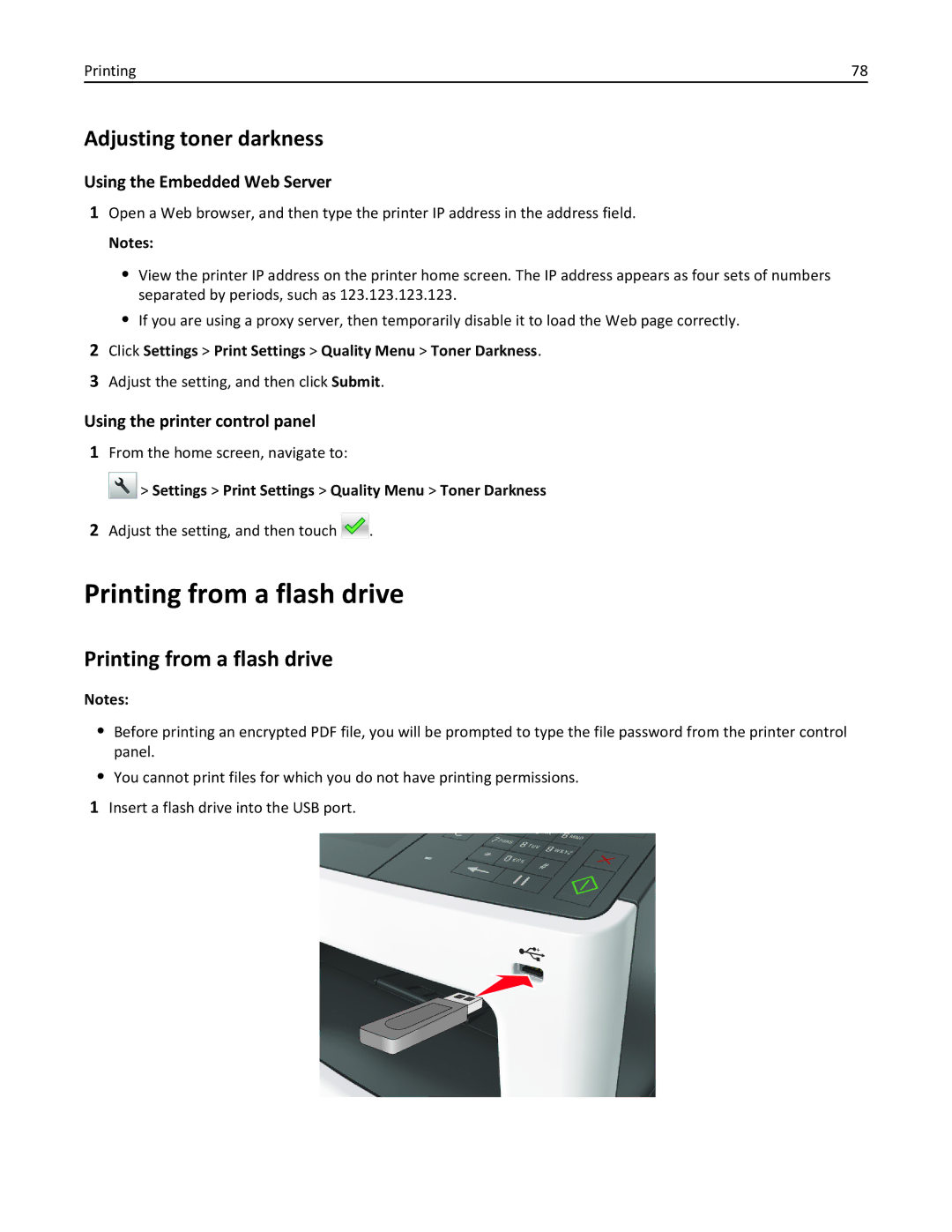 Lexmark MX511DHE, 35S5703, 35S5704, MX511DE manual Printing from a flash drive, Adjusting toner darkness 