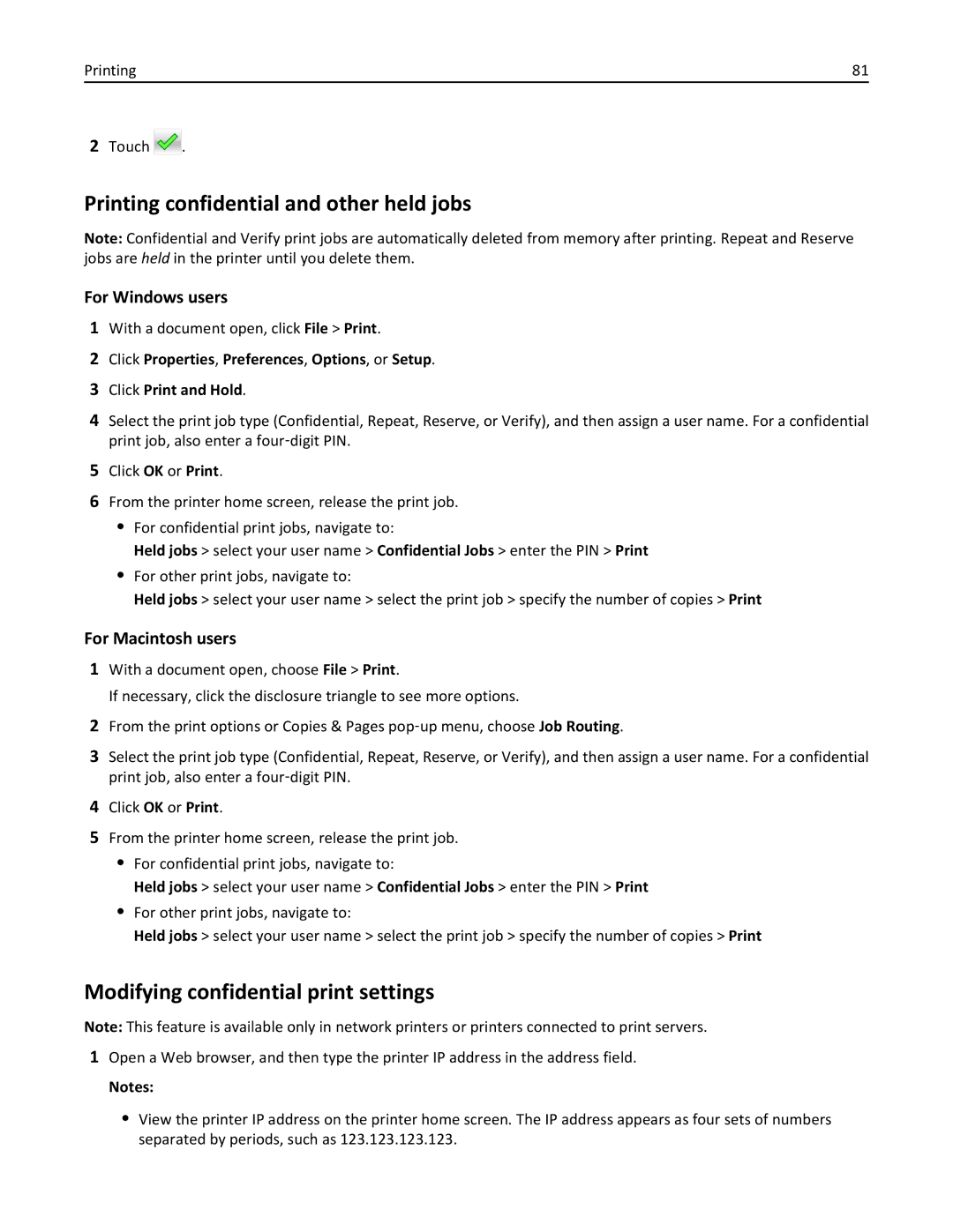 Lexmark 35S5704, 35S5703 Printing confidential and other held jobs, Modifying confidential print settings, Printing Touch 