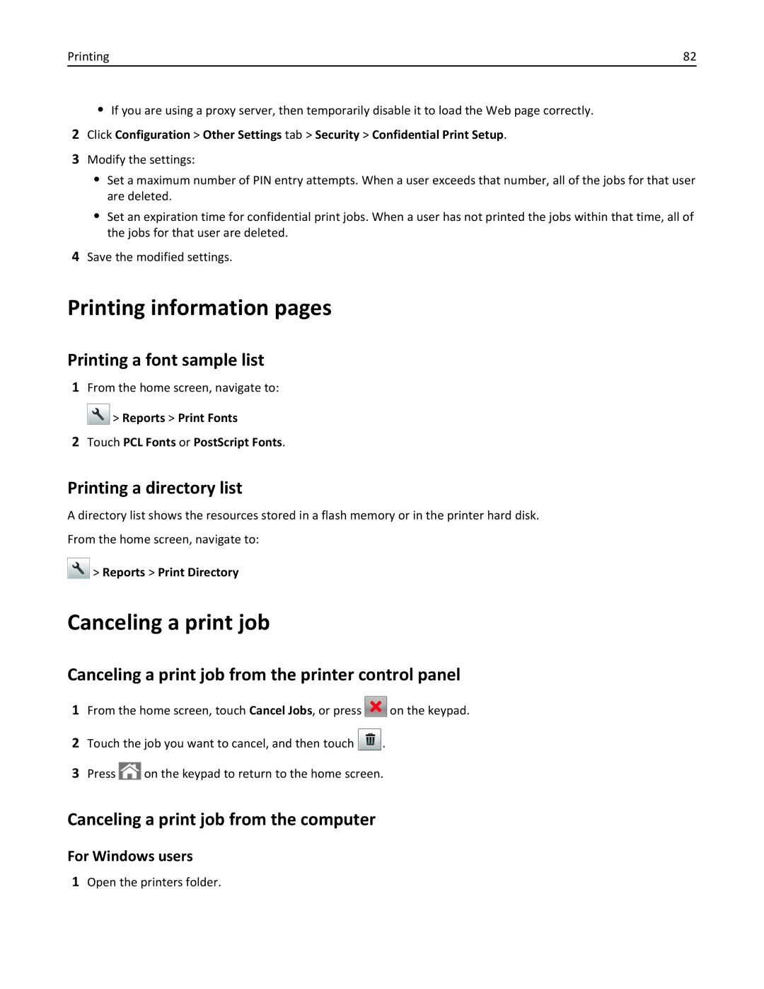 Lexmark MX511DHE, 35S5703, 35S5704, MX511DE manual Printing information pages, Canceling a print job 