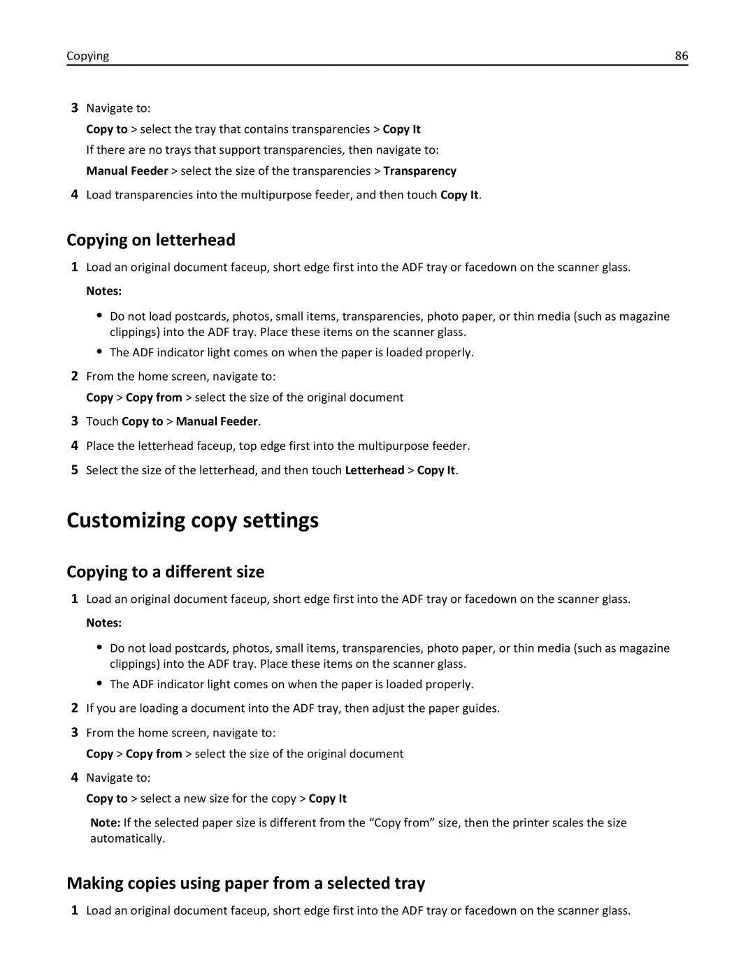 Lexmark MX511DHE, 35S5703, 35S5704, MX511DE Customizing copy settings, Copying on letterhead, Copying to a different size 