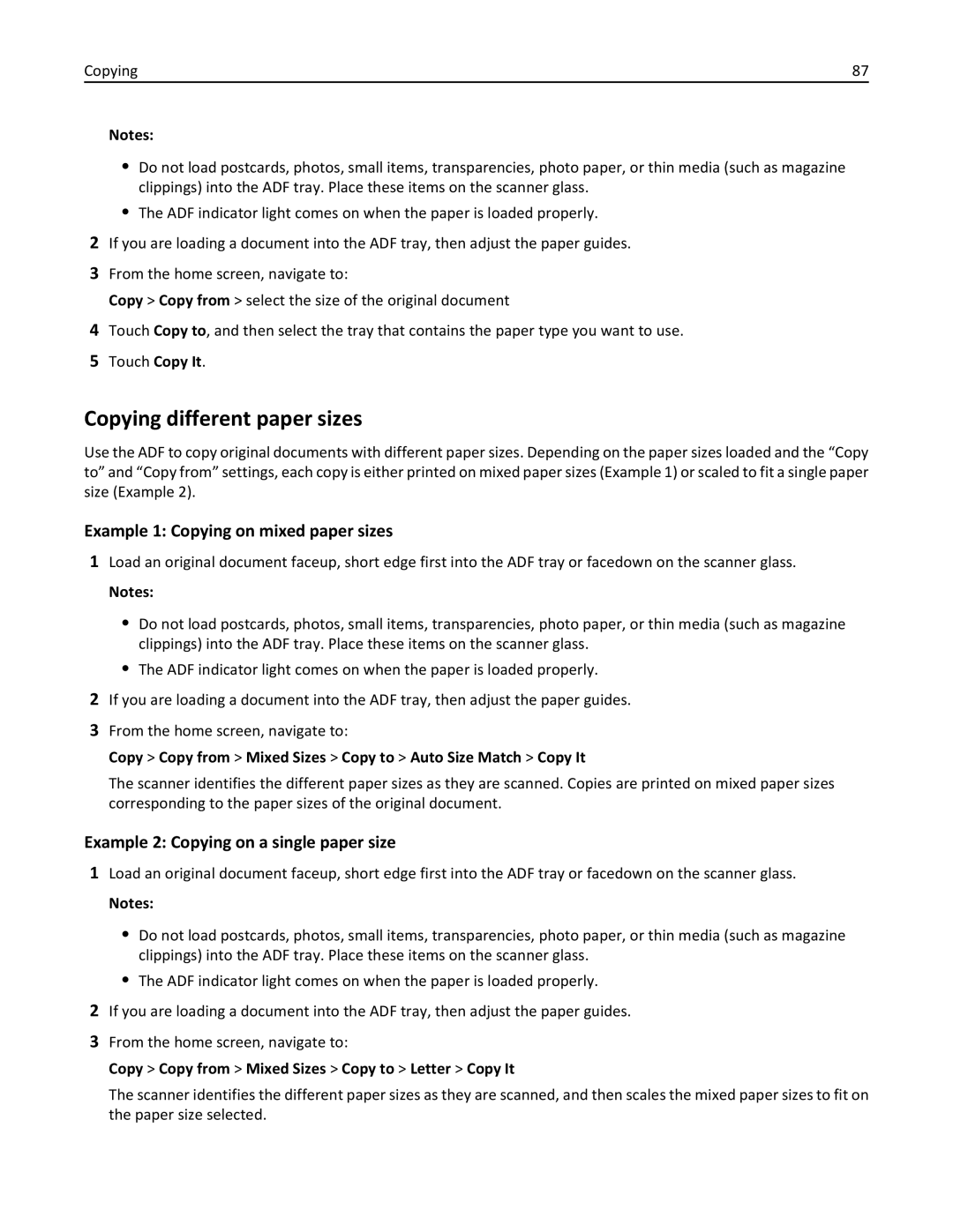 Lexmark MX511DE, 35S5703, 35S5704, MX511DHE manual Copying different paper sizes, Example 1 Copying on mixed paper sizes 