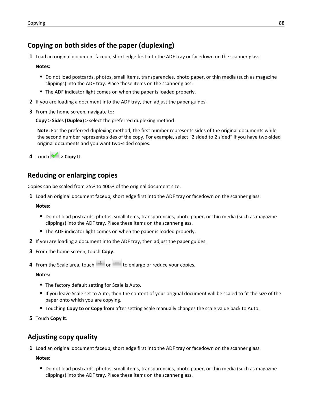 Lexmark 35S5703 manual Copying on both sides of the paper duplexing, Reducing or enlarging copies, Adjusting copy quality 