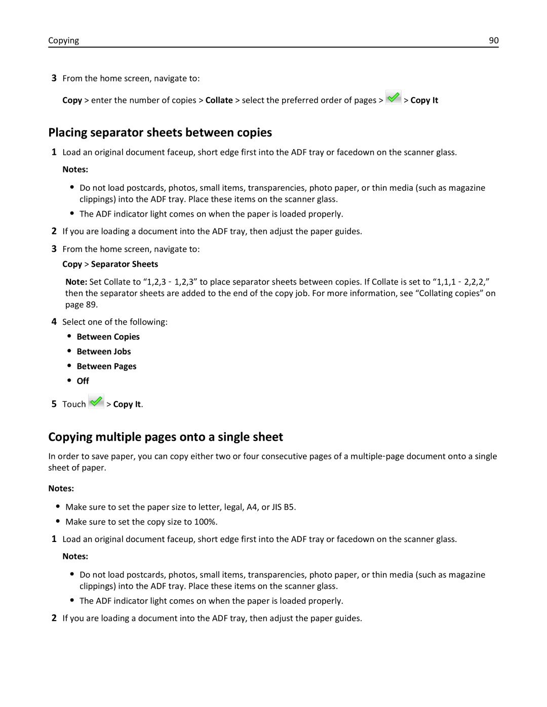 Lexmark MX511DHE, 35S5703, 35S5704 manual Placing separator sheets between copies, Copying multiple pages onto a single sheet 