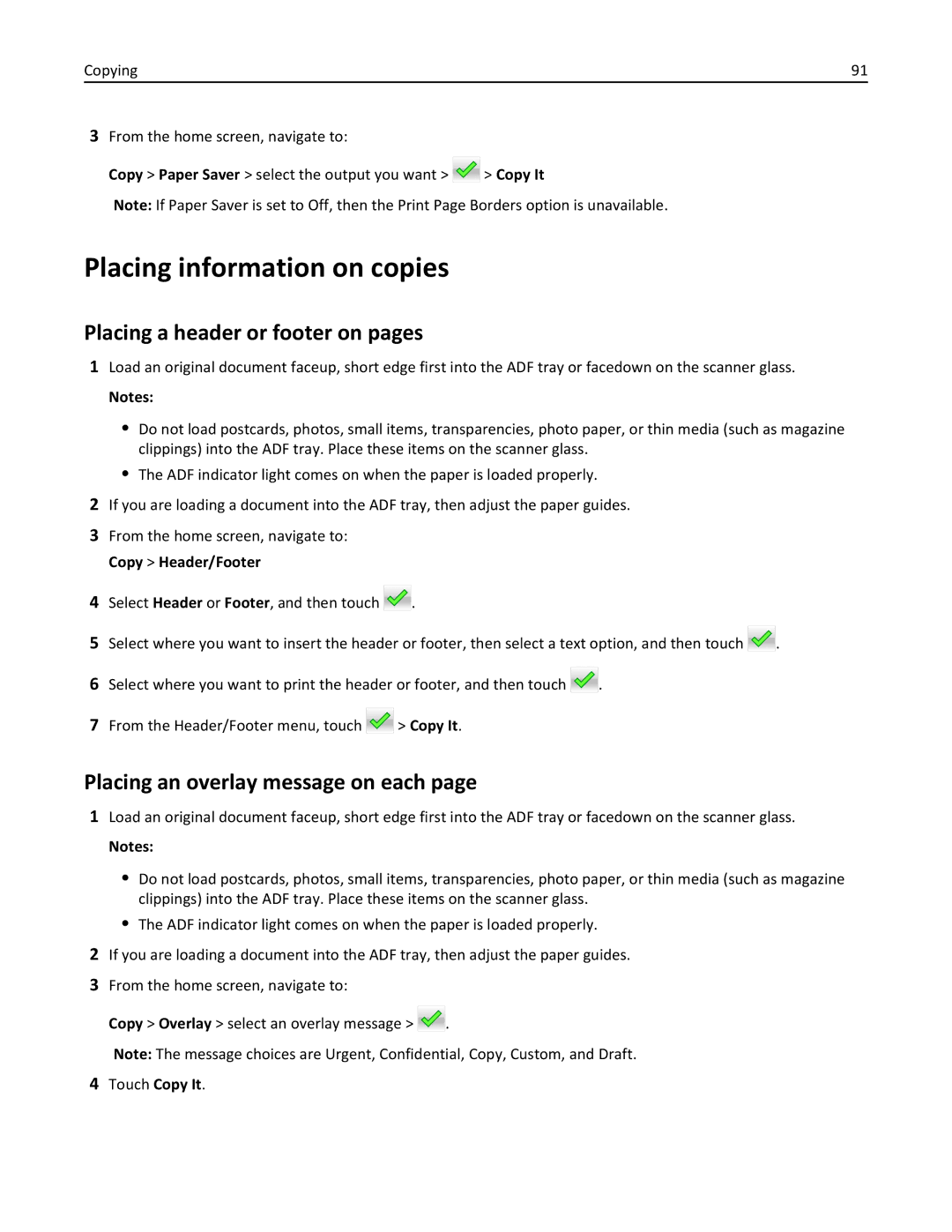 Lexmark MX511DE Placing information on copies, Placing a header or footer on pages, Placing an overlay message on each 