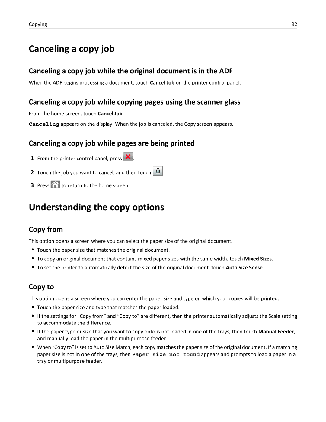 Lexmark 35S5703 Understanding the copy options, Canceling a copy job while pages are being printed, Copy from, Copy to 