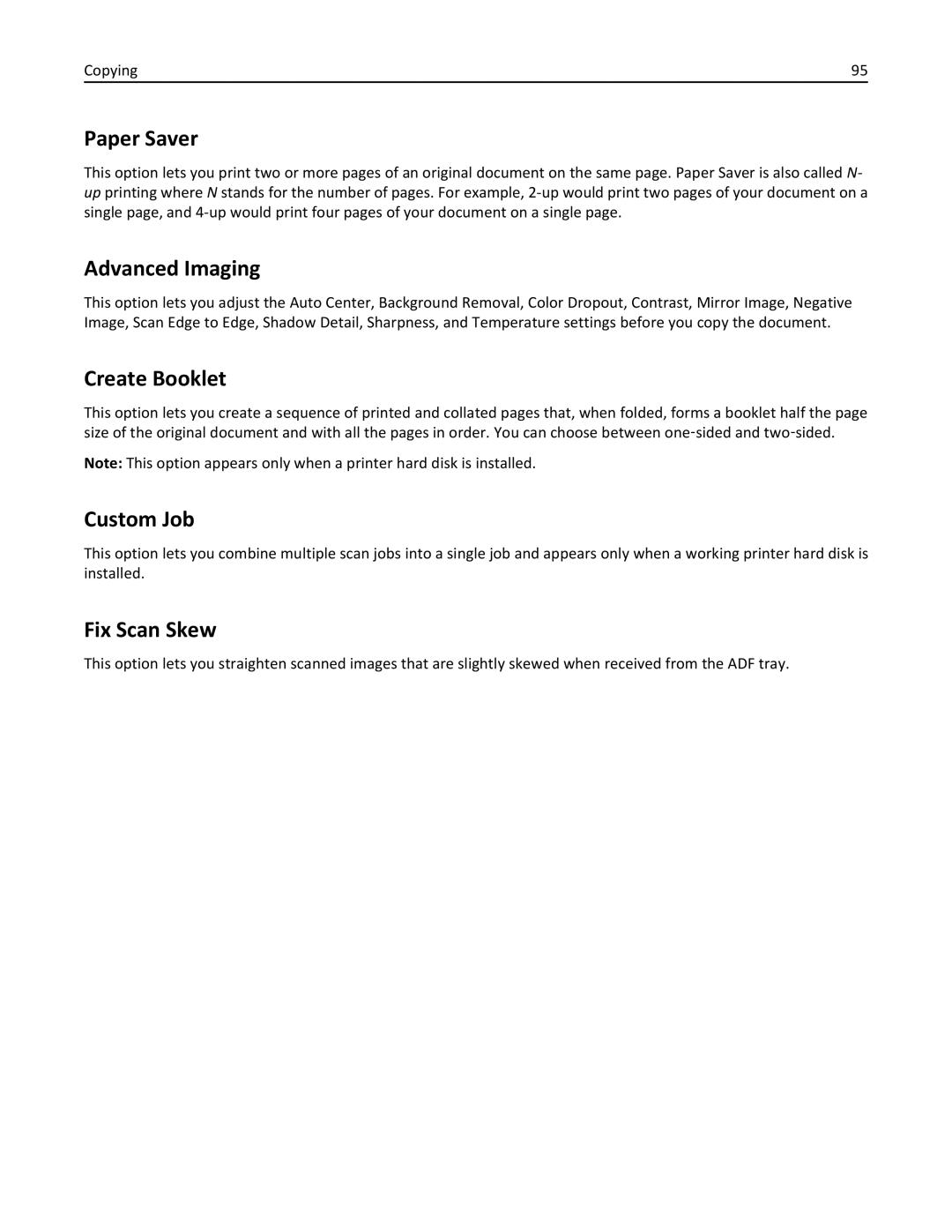 Lexmark MX511DE, 35S5703, 35S5704, MX511DHE manual Paper Saver, Advanced Imaging, Create Booklet, Custom Job, Fix Scan Skew 