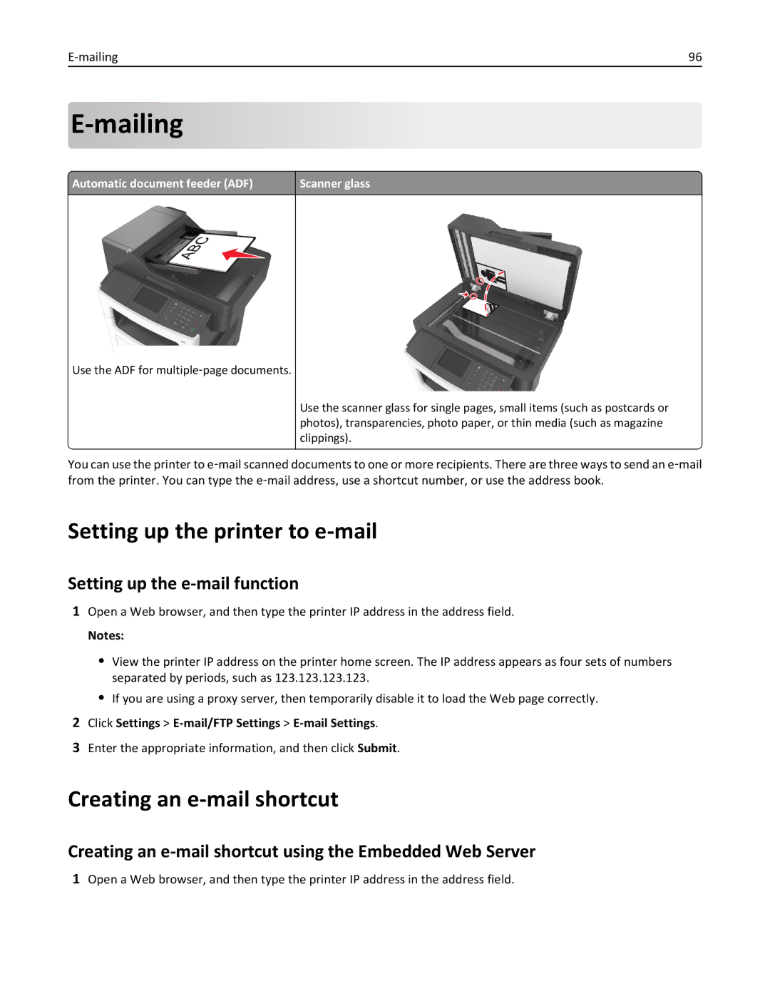 Lexmark 35S5703 Mailing, Setting up the printer to e-mail, Creating an e-mail shortcut, Setting up the e-mail function 