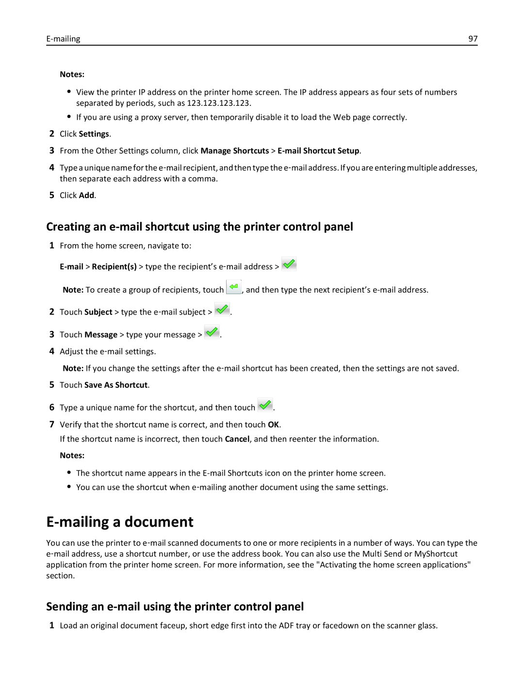 Lexmark 35S5704, 35S5703 Mailing a document, Creating an e-mail shortcut using the printer control panel, Click Settings 