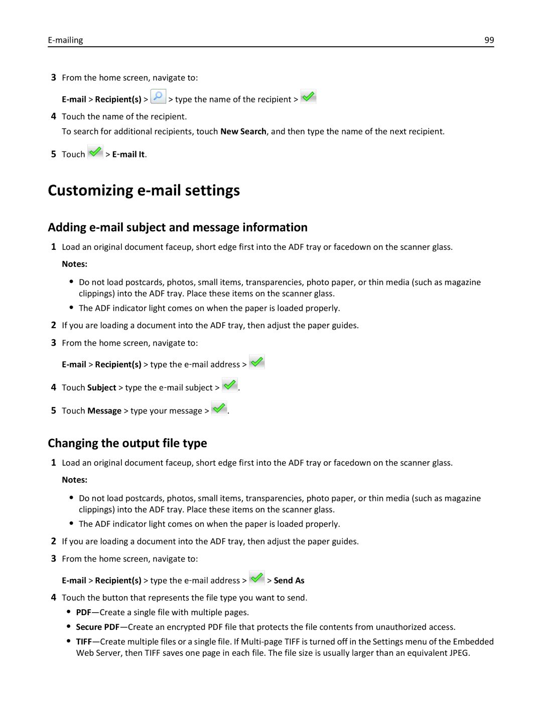 Lexmark MX511DE Customizing e-mail settings, Adding e-mail subject and message information, Changing the output file type 