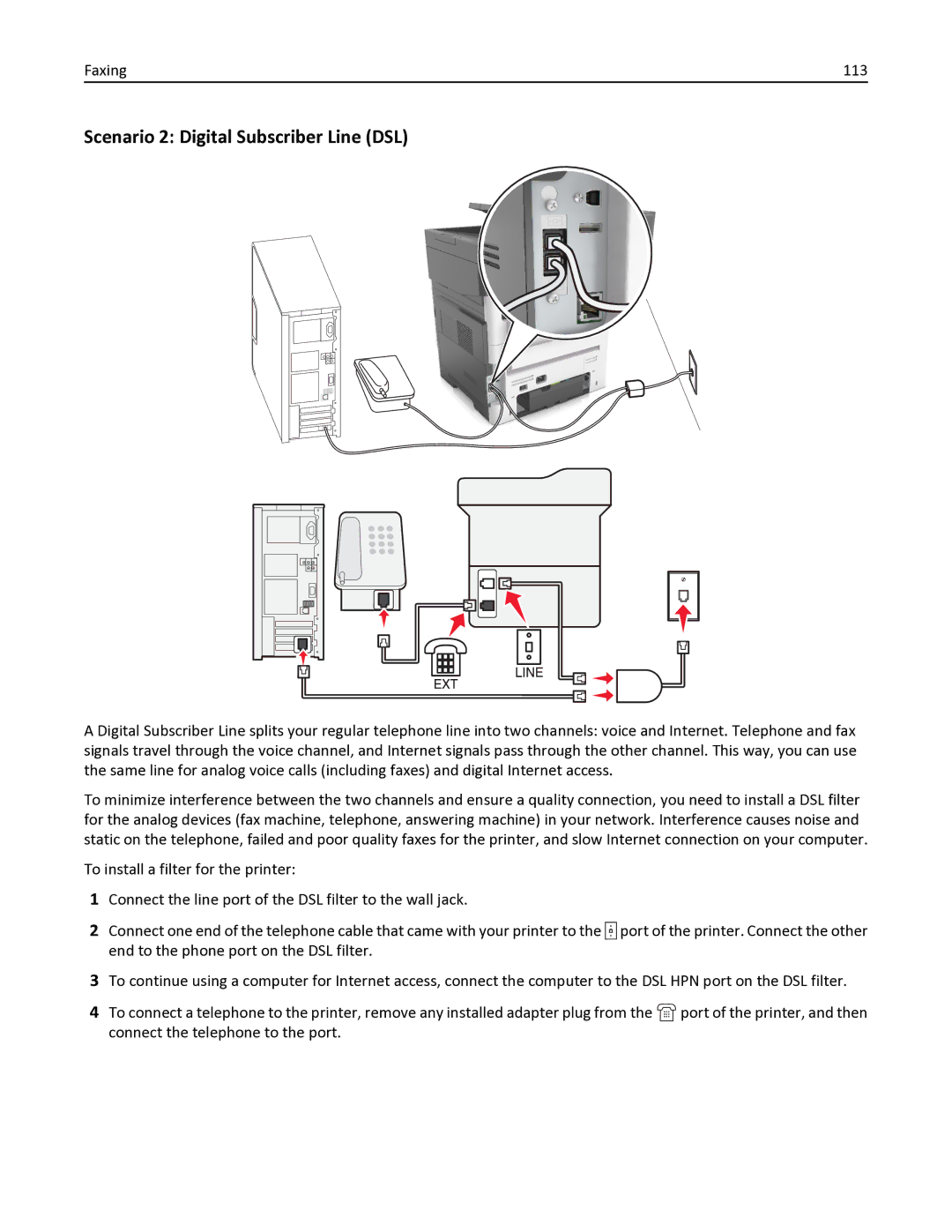 Lexmark MX611DHE, 35S6701, 35S3332, 34TT016, MX611DE manual Scenario 2 Digital Subscriber Line DSL, Faxing 113 