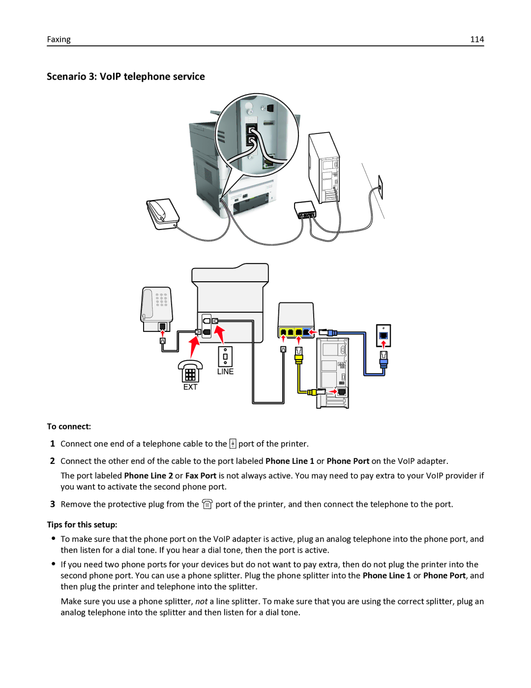 Lexmark MX611DE, 35S6701, 35S3332, 34TT016, MX611DHE manual Scenario 3 VoIP telephone service, Faxing 114 