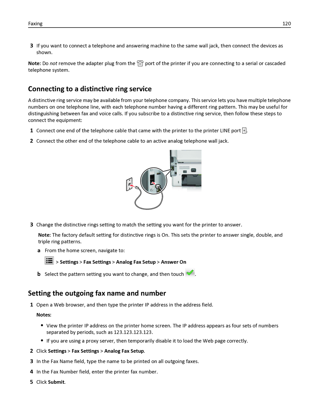 Lexmark 35S6701, 35S3332, 34TT016 manual Connecting to a distinctive ring service, Setting the outgoing fax name and number 