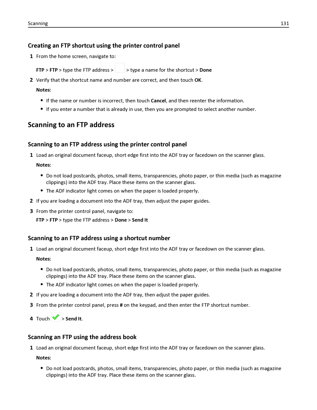 Lexmark 35S3332, 35S6701, 34TT016 manual Scanning to an FTP address, Creating an FTP shortcut using the printer control panel 