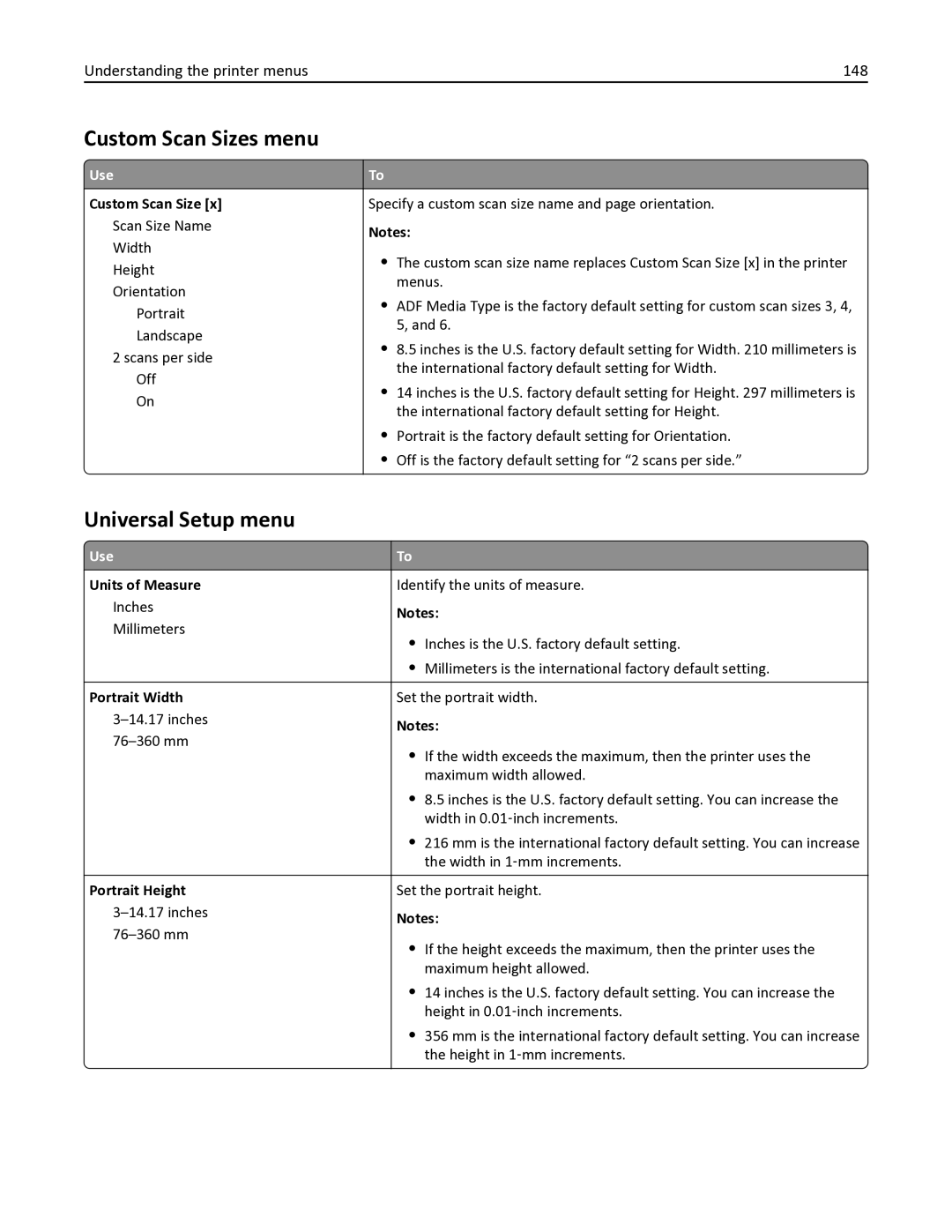 Lexmark MX611DHE, 35S6701, 35S3332 manual Custom Scan Sizes menu, Universal Setup menu, Understanding the printer menus 148 