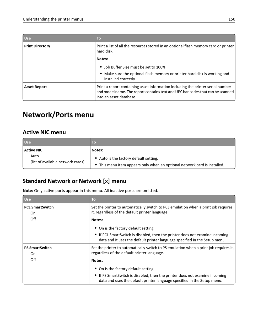 Lexmark 35S6701, 35S3332, 34TT016, MX611DHE, MX611DE Network/Ports menu, Active NIC menu, Standard Network or Network x menu 