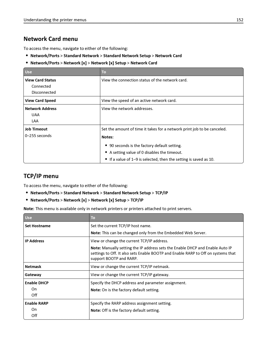 Lexmark 34TT016, 35S6701, 35S3332, MX611DHE, MX611DE manual Network Card menu, TCP/IP menu, Understanding the printer menus 152 