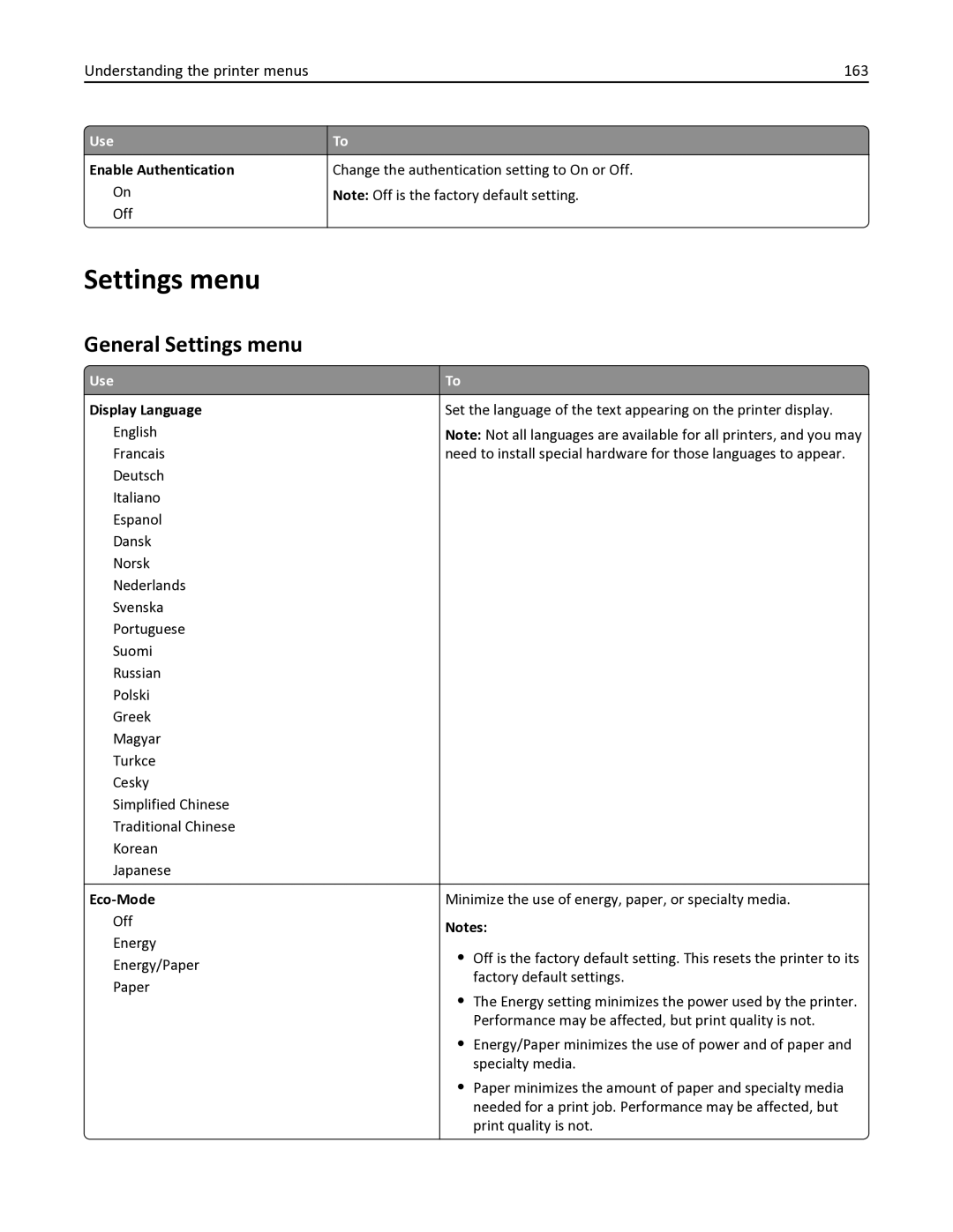 Lexmark MX611DHE, 35S6701, 35S3332, 34TT016, MX611DE manual General Settings menu, Understanding the printer menus 163 