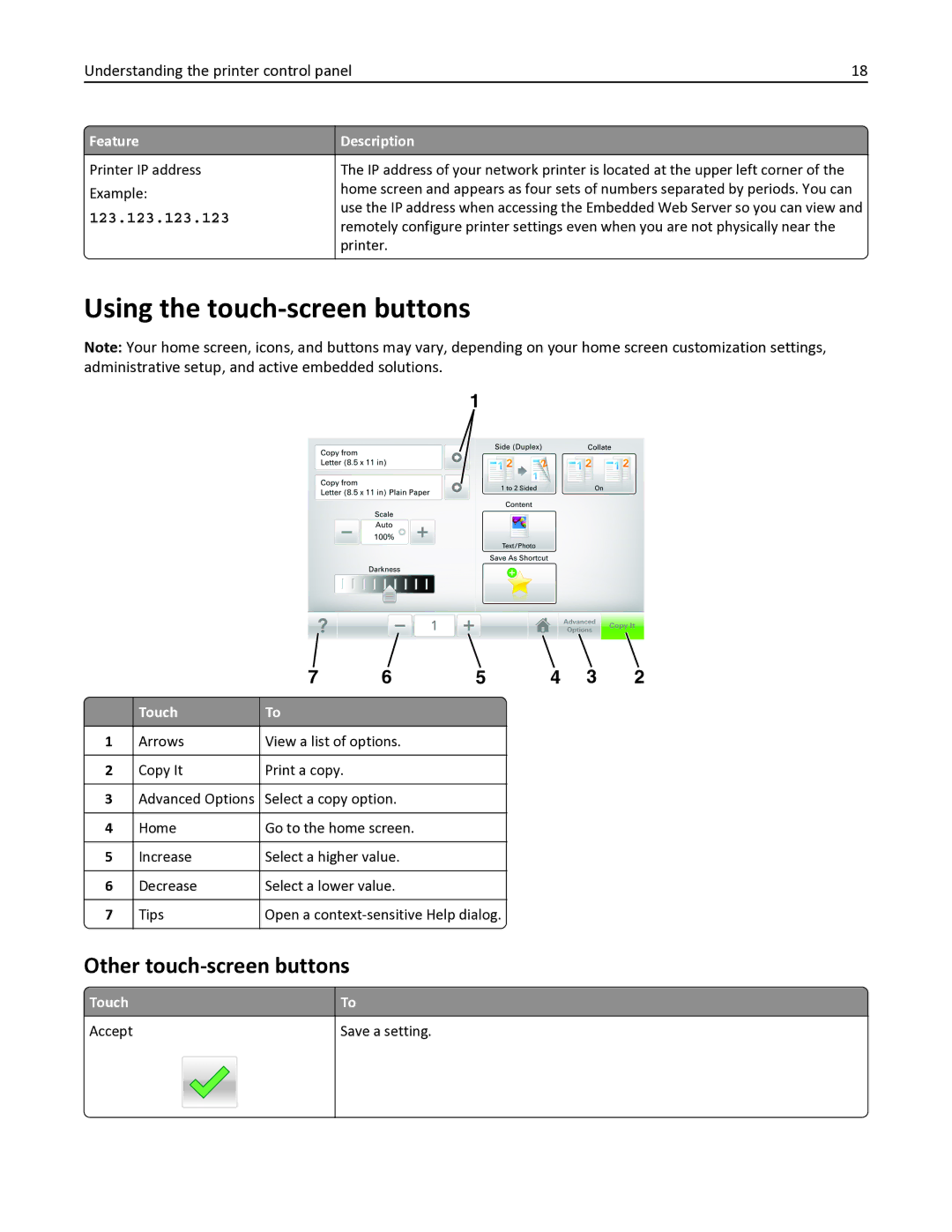 Lexmark MX611DHE, 35S6701, 35S3332 Using the touch-screen buttons, Other touch-screen buttons, Touch Accept Save a setting 