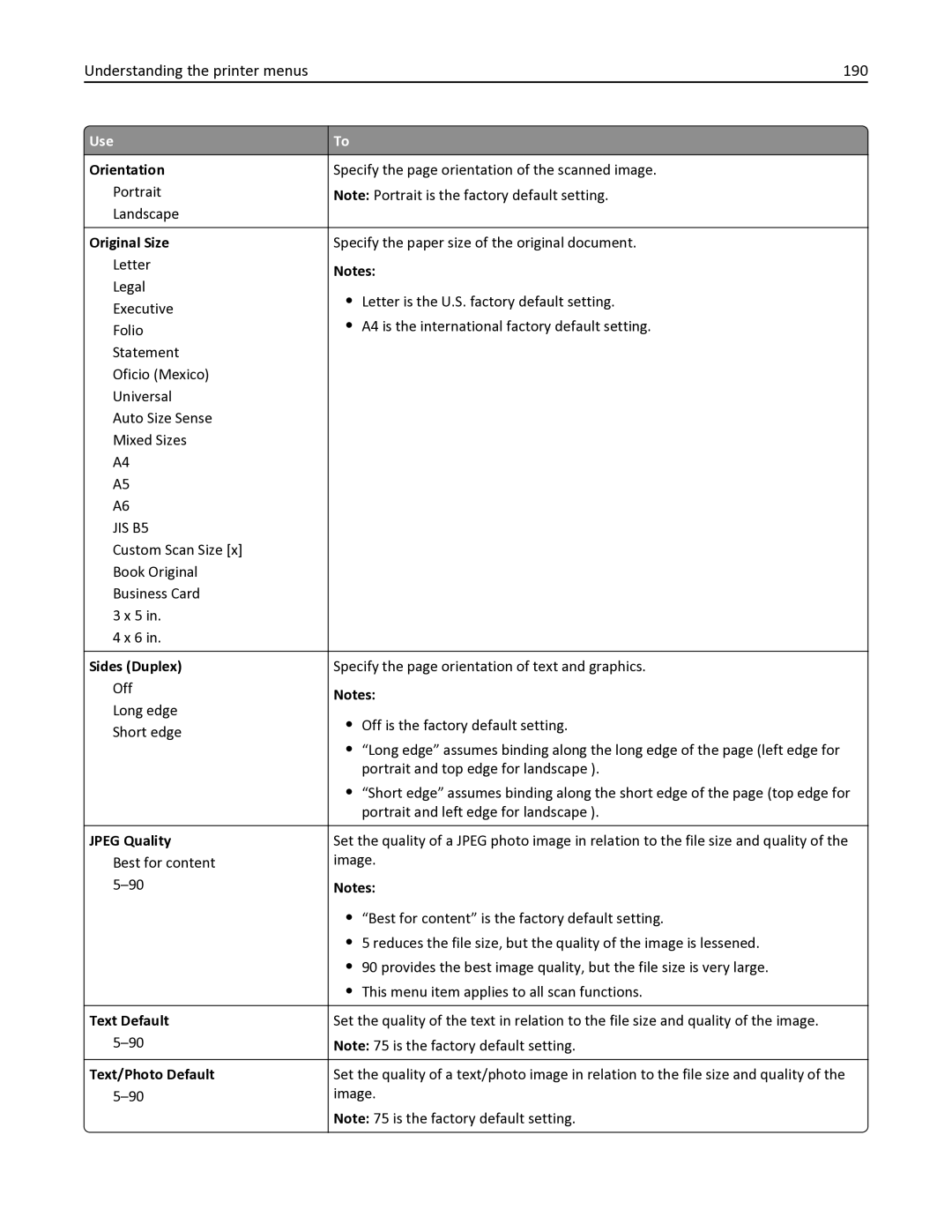 Lexmark 35S6701, 35S3332, 34TT016, MX611DHE, MX611DE manual Understanding the printer menus 190, Orientation 