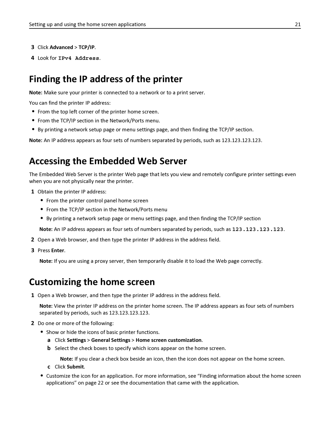 Lexmark 35S3332 Finding the IP address of the printer, Accessing the Embedded Web Server, Customizing the home screen 