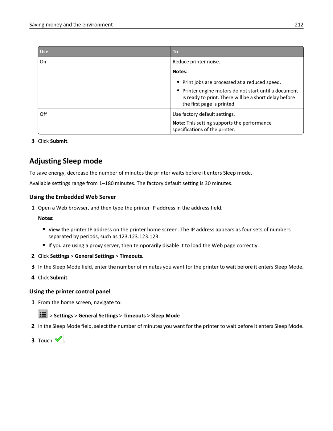 Lexmark 34TT016 manual Adjusting Sleep mode, Saving money and the environment 212, Click Settings General Settings Timeouts 