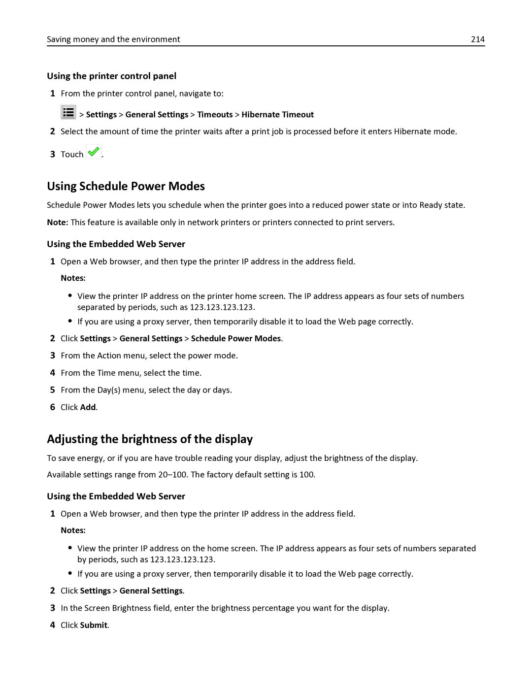 Lexmark MX611DE manual Using Schedule Power Modes, Adjusting the brightness of the display, Click Settings General Settings 