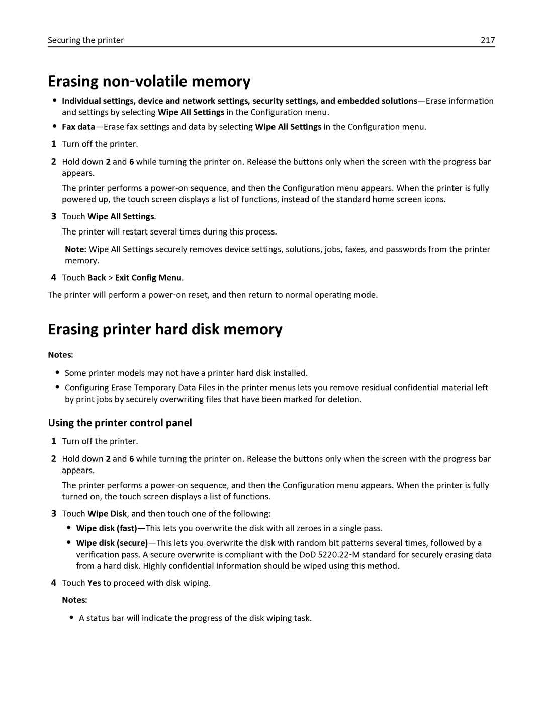 Lexmark 34TT016, 35S6701 Erasing non‑volatile memory, Erasing printer hard disk memory, Using the printer control panel 