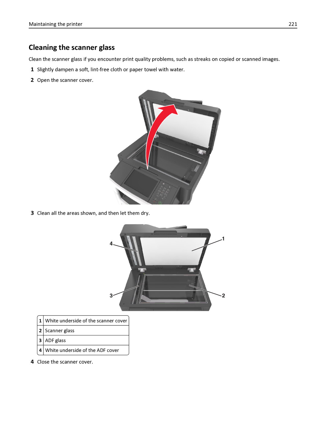 Lexmark 35S3332, 35S6701, 34TT016, MX611DHE Cleaning the scanner glass, Maintaining the printer 221, Close the scanner cover 