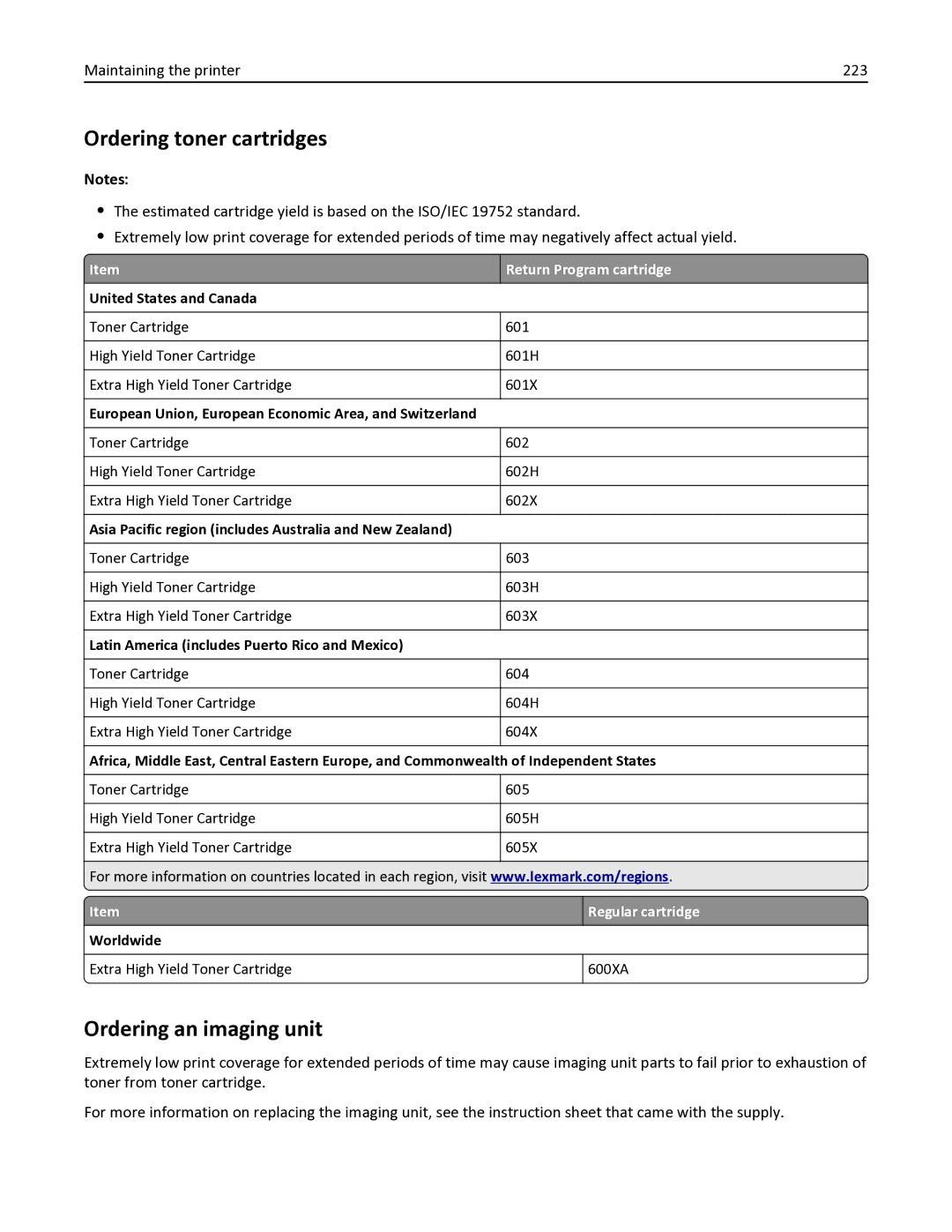 Lexmark MX611DHE manual Ordering toner cartridges, Ordering an imaging unit, Maintaining the printer 223, Regular cartridge 