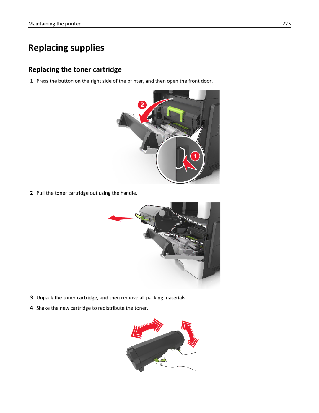 Lexmark 35S6701, 35S3332, 34TT016, MX611DHE Replacing supplies, Replacing the toner cartridge, Maintaining the printer 225 