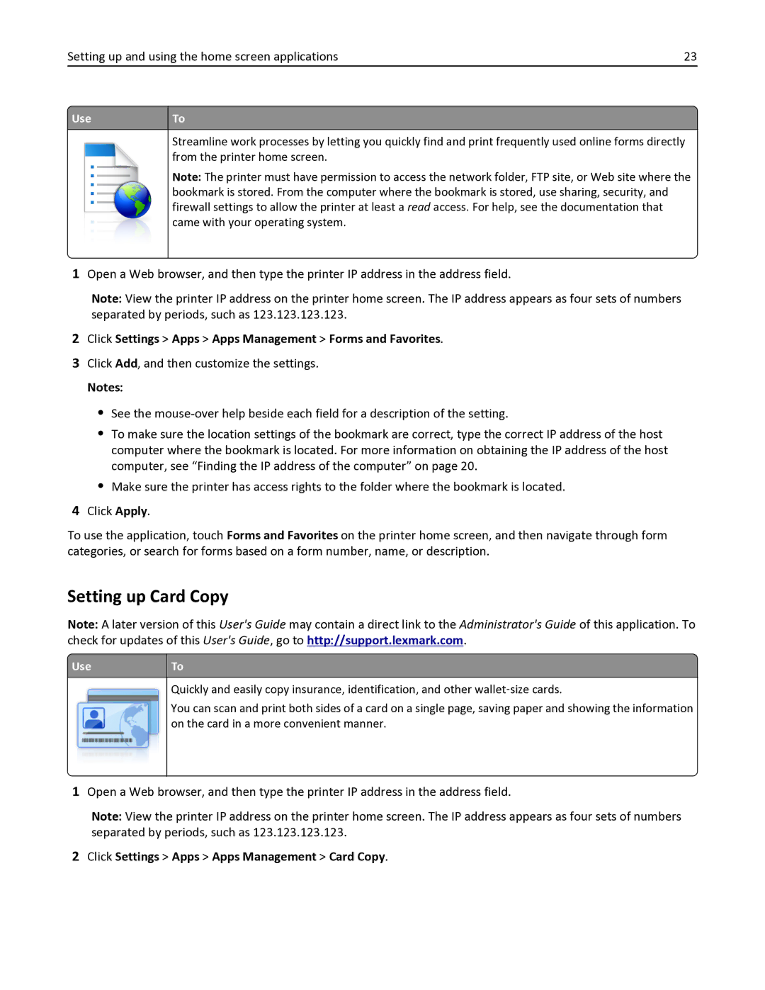 Lexmark MX611DHE, 35S6701, 35S3332, 34TT016 Setting up Card Copy, Click Settings Apps Apps Management Forms and Favorites 