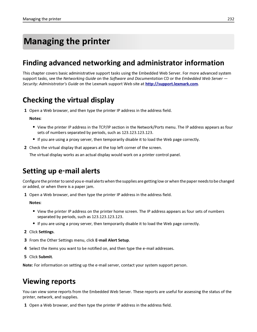 Lexmark 34TT016 Managing the printer, Finding advanced networking and administrator information, Setting up e‑mail alerts 