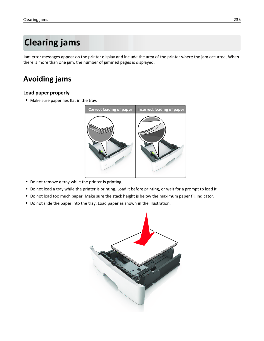 Lexmark 35S6701, 35S3332 Avoiding jams, Load paper properly, Clearing jams 235, Make sure paper lies flat in the tray 