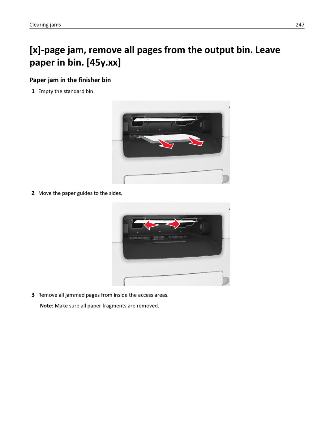 Lexmark 34TT016, 35S6701, 35S3332, MX611DHE, MX611DE manual Paper jam in the finisher bin, Clearing jams 247 