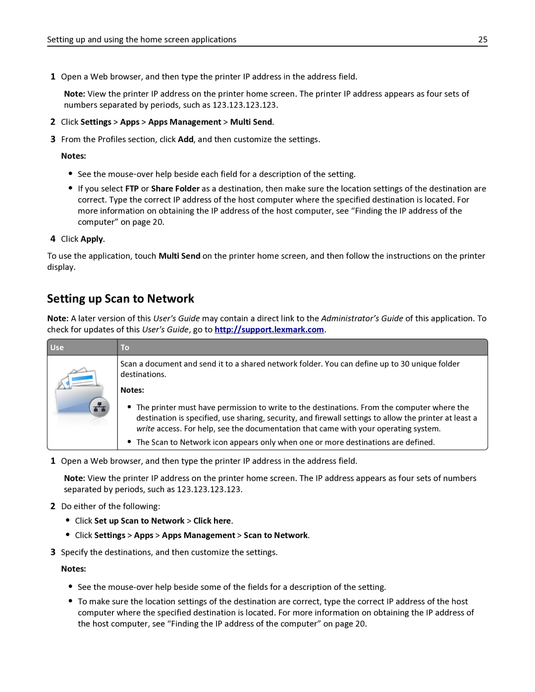 Lexmark 35S6701, 35S3332, 34TT016, MX611DE Setting up Scan to Network, Click Settings Apps Apps Management Multi Send, UseTo 