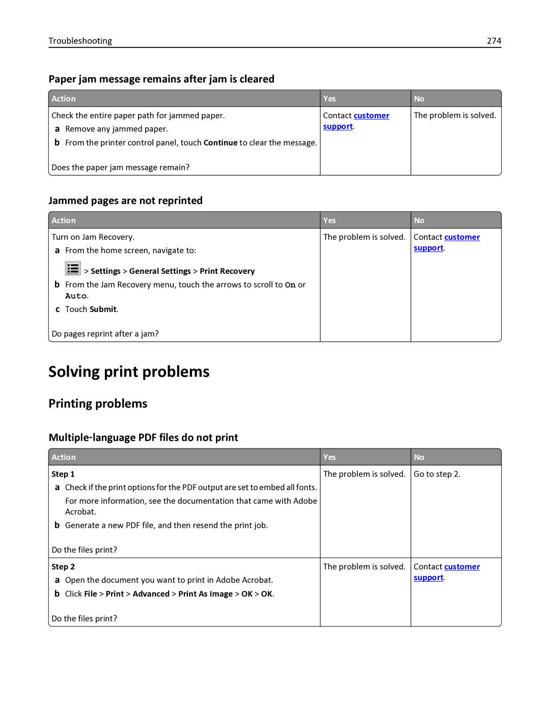 Lexmark MX611DE, 35S6701, 35S3332 Solving print problems, Printing problems, Paper jam message remains after jam is cleared 