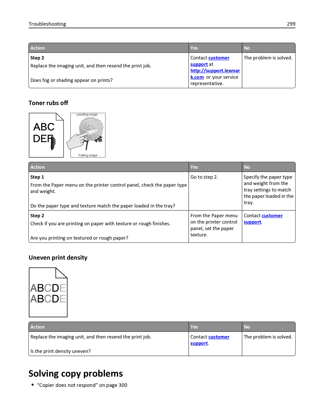 Lexmark MX611DE, 35S6701, 35S3332, 34TT016 Solving copy problems, Toner rubs off, Uneven print density, Troubleshooting 299 