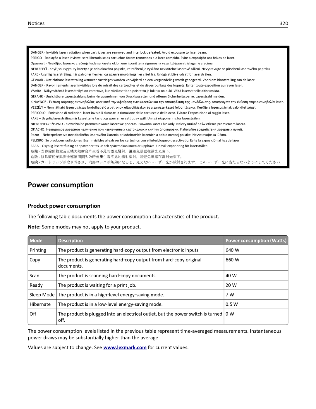 Lexmark 35S6701, 35S3332, 34TT016, MX611DHE Product power consumption, 320, Mode Description Power consumption Watts 