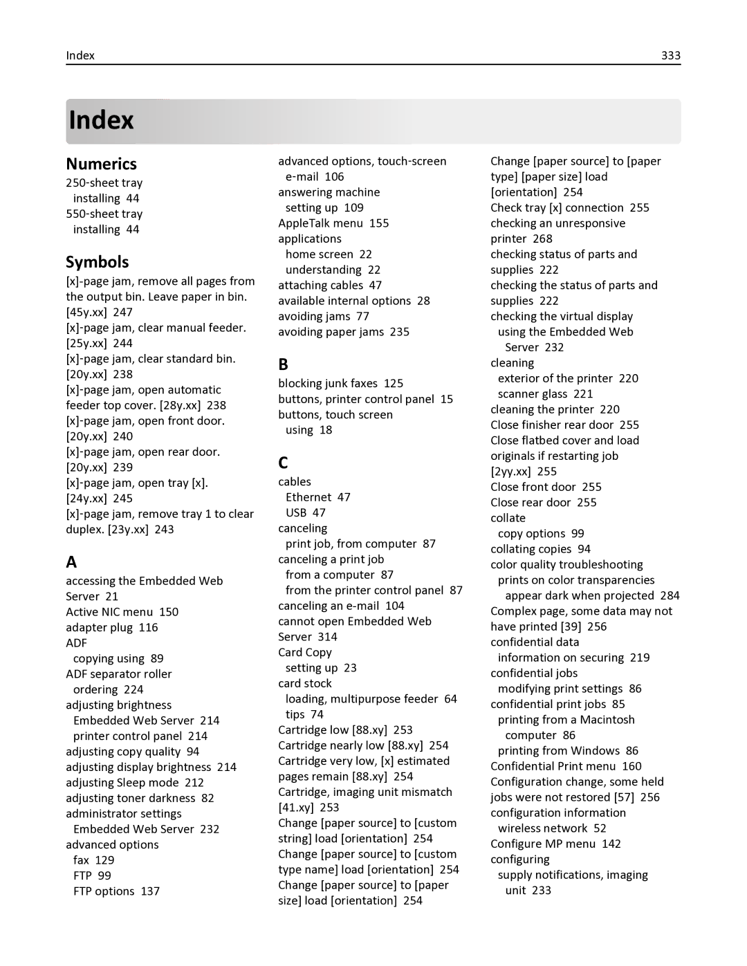 Lexmark MX611DHE, 35S6701, 35S3332 Numerics, Symbols, Index 333, 250‑sheet tray installing 44 550‑sheet tray installing 