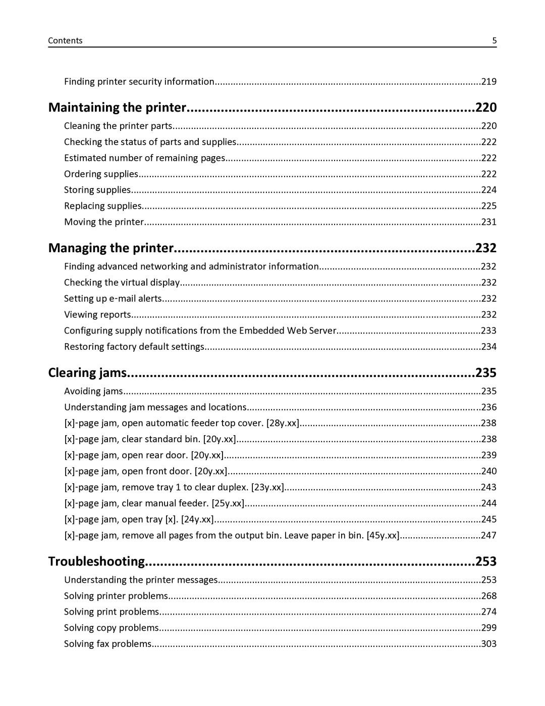 Lexmark 35S6701, 35S3332 Maintaining the printer 220, Managing the printer 232, Clearing jams 235, Troubleshooting 253 