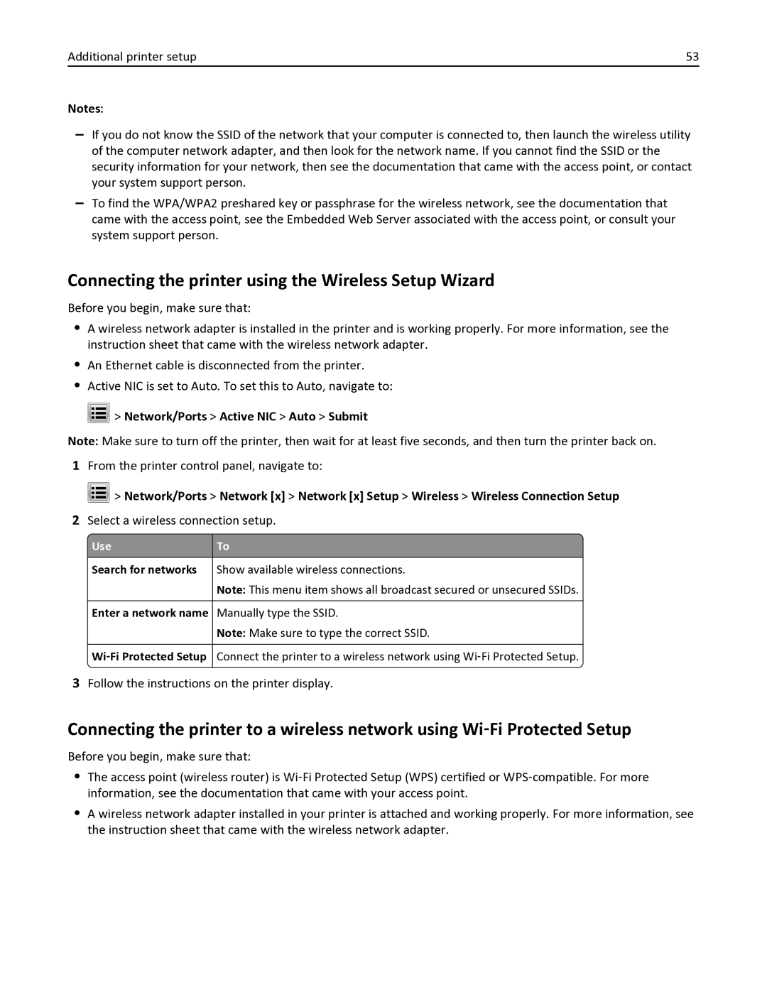 Lexmark MX611DHE, 35S6701 Connecting the printer using the Wireless Setup Wizard, Network/Ports Active NIC Auto Submit 