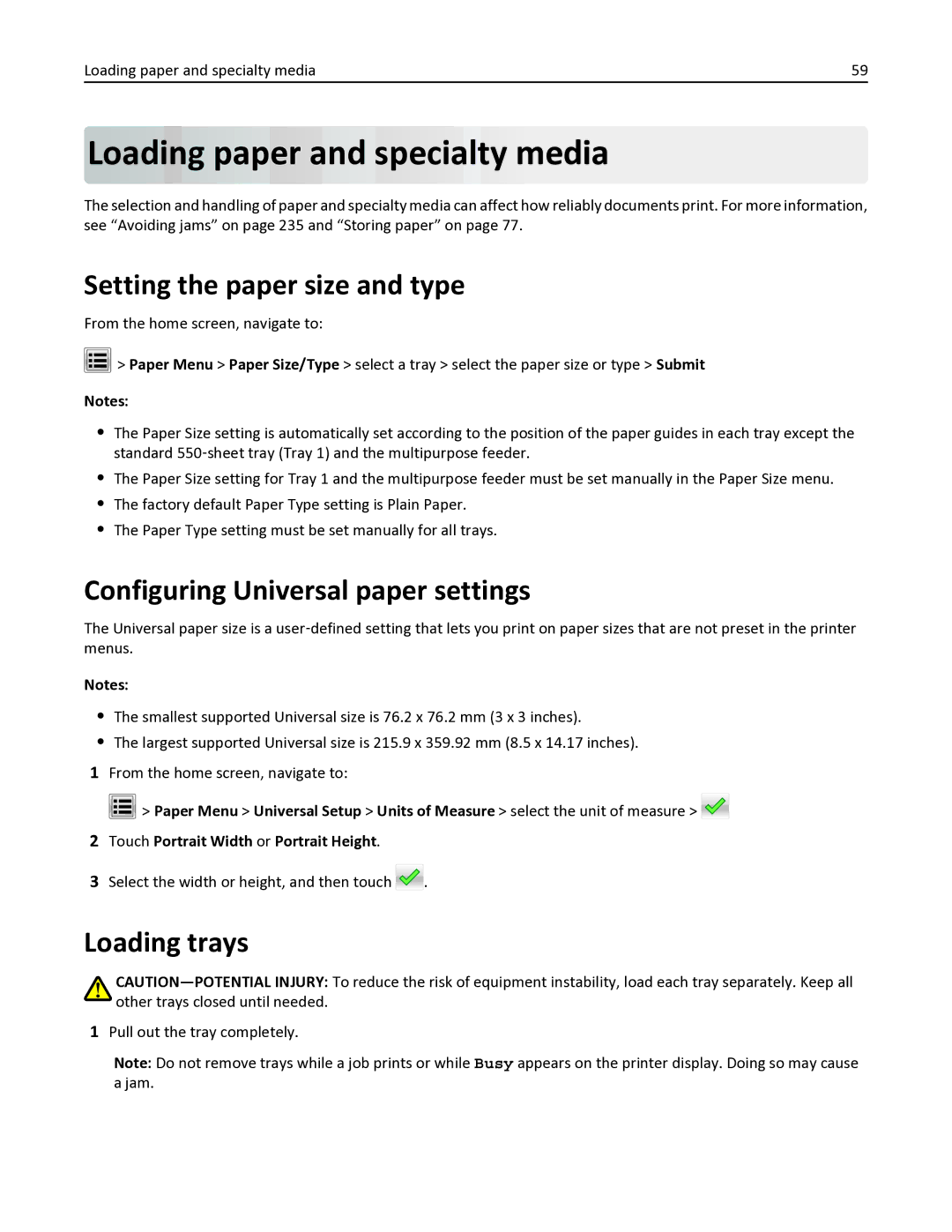 Lexmark MX611DE Loading paper and specialty media, Setting the paper size and type, Configuring Universal paper settings 