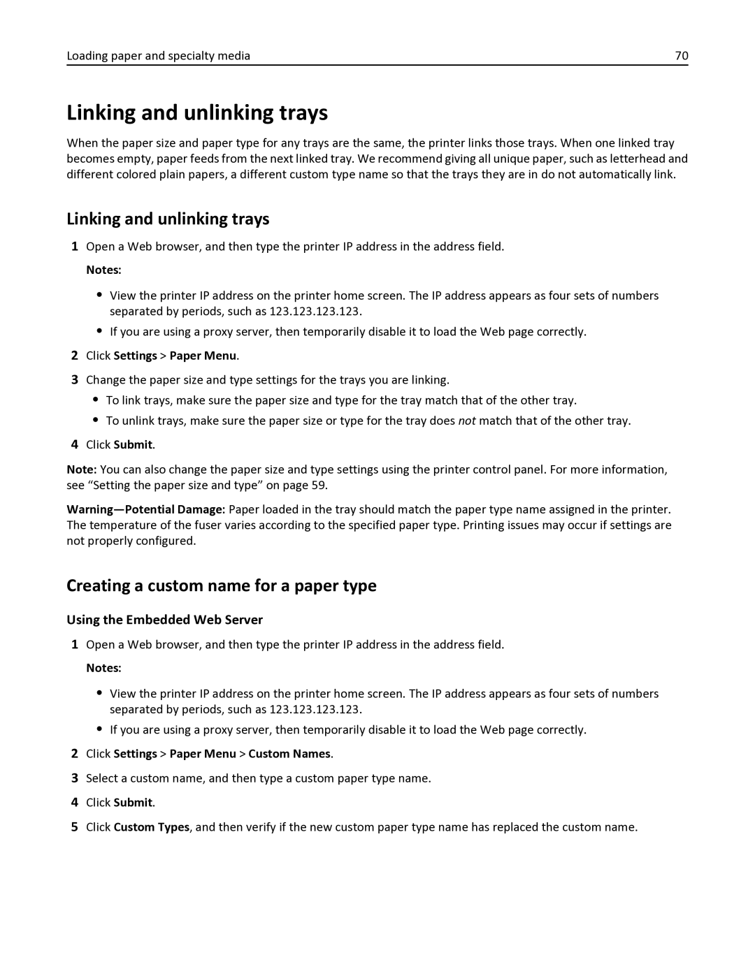 Lexmark 35S6701 manual Linking and unlinking trays, Creating a custom name for a paper type, Using the Embedded Web Server 