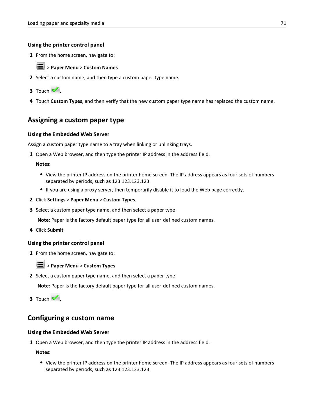 Lexmark 35S3332, 35S6701, 34TT016 Assigning a custom paper type, Configuring a custom name, Using the printer control panel 