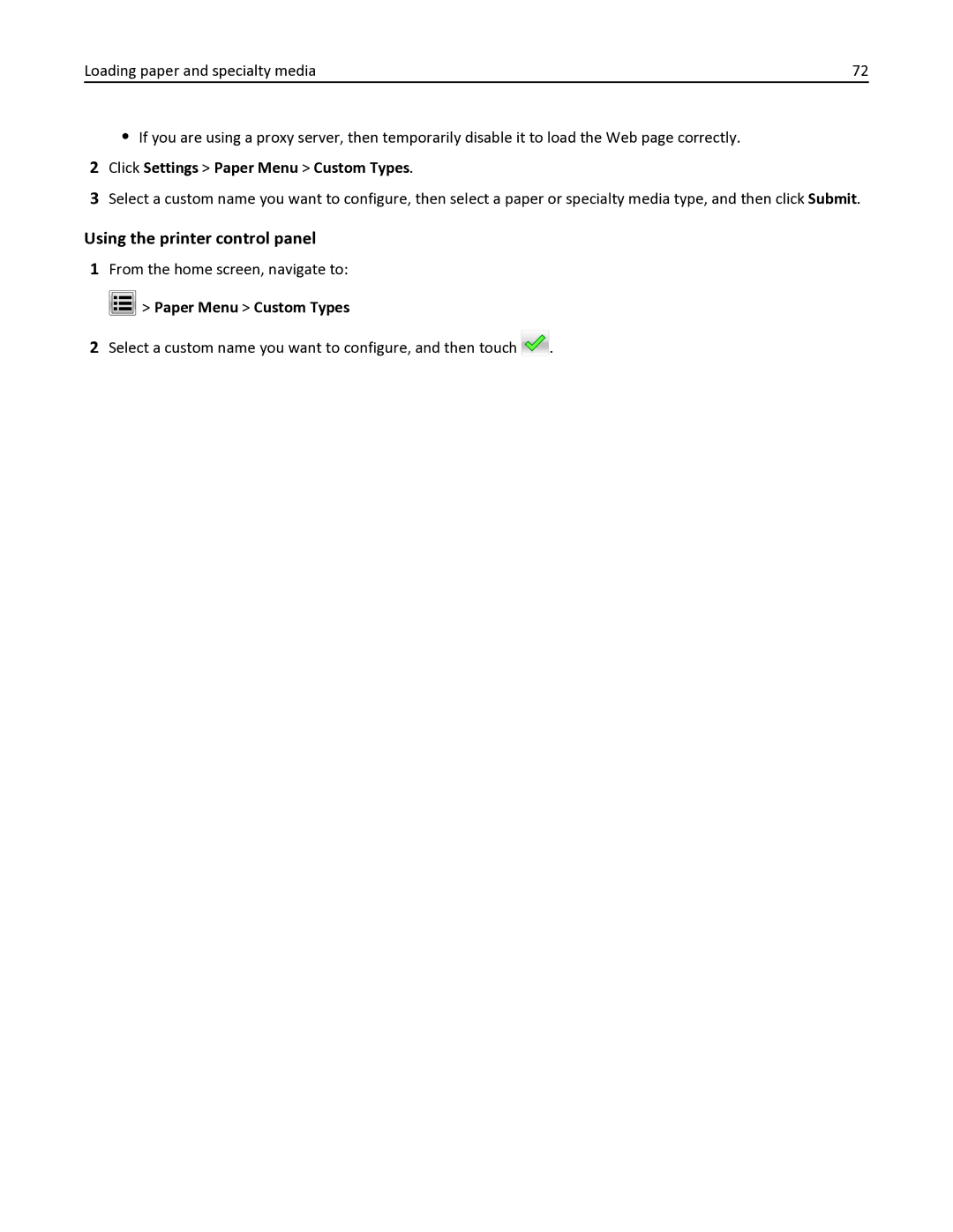 Lexmark 34TT016, 35S6701, 35S3332 manual Paper Menu Custom Types, Select a custom name you want to configure, and then touch 